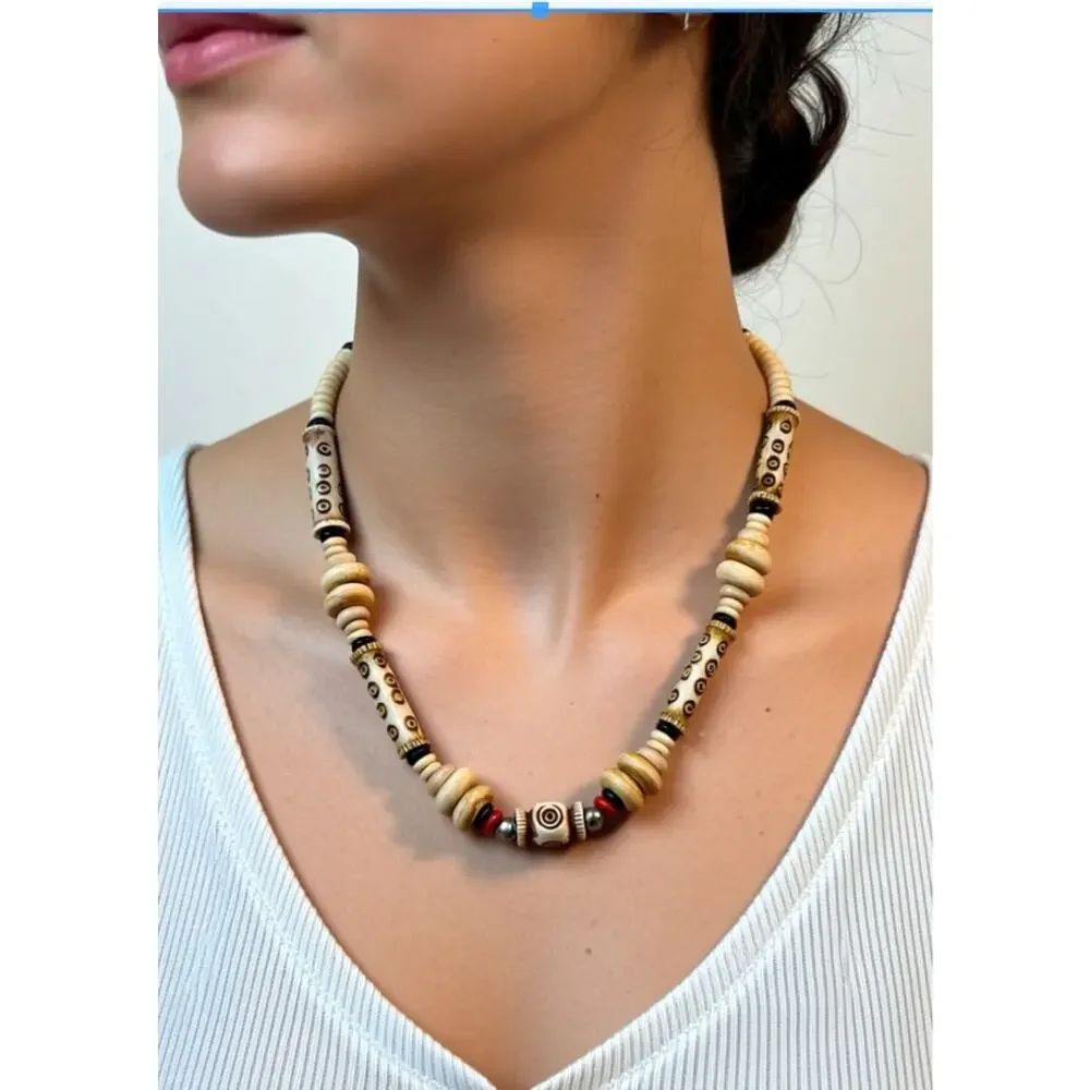 Vintage 1980s Bone Bead Necklace 16 Inch Tribal Boho Carved Beads